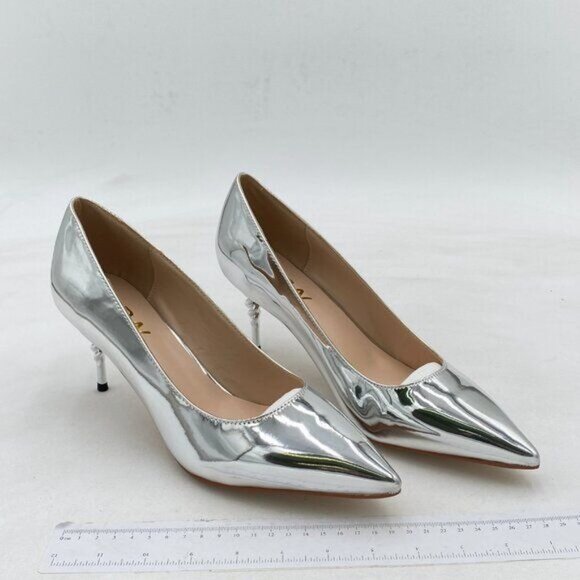 YDN Silver Pointed Closed Toe Mid Heel Pumps Cane Slip On Stilettos Slide Shoes - Picture 4 of 8